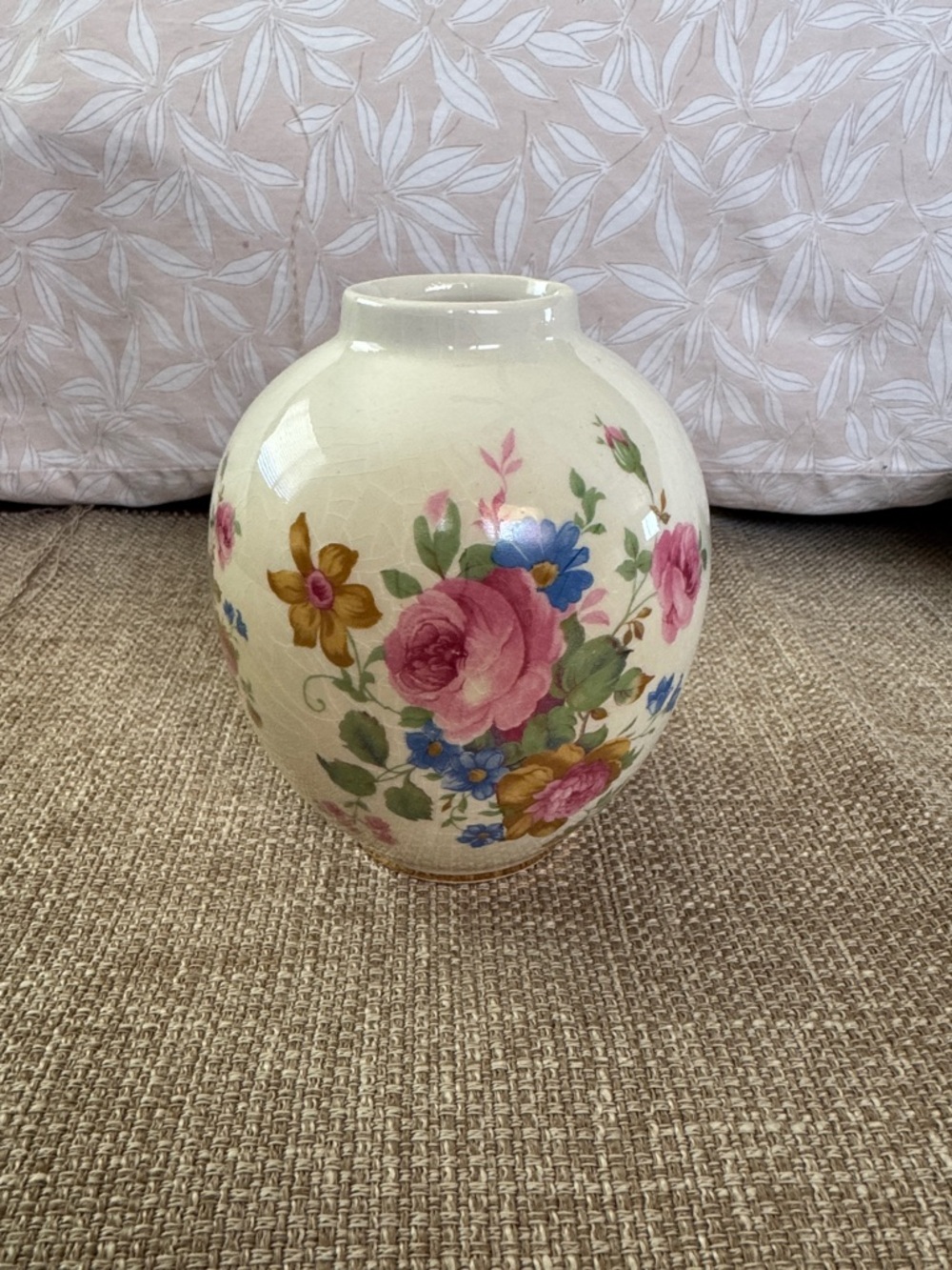 Floral Ceramic Vase - Cream with Pink and Blue Flowers